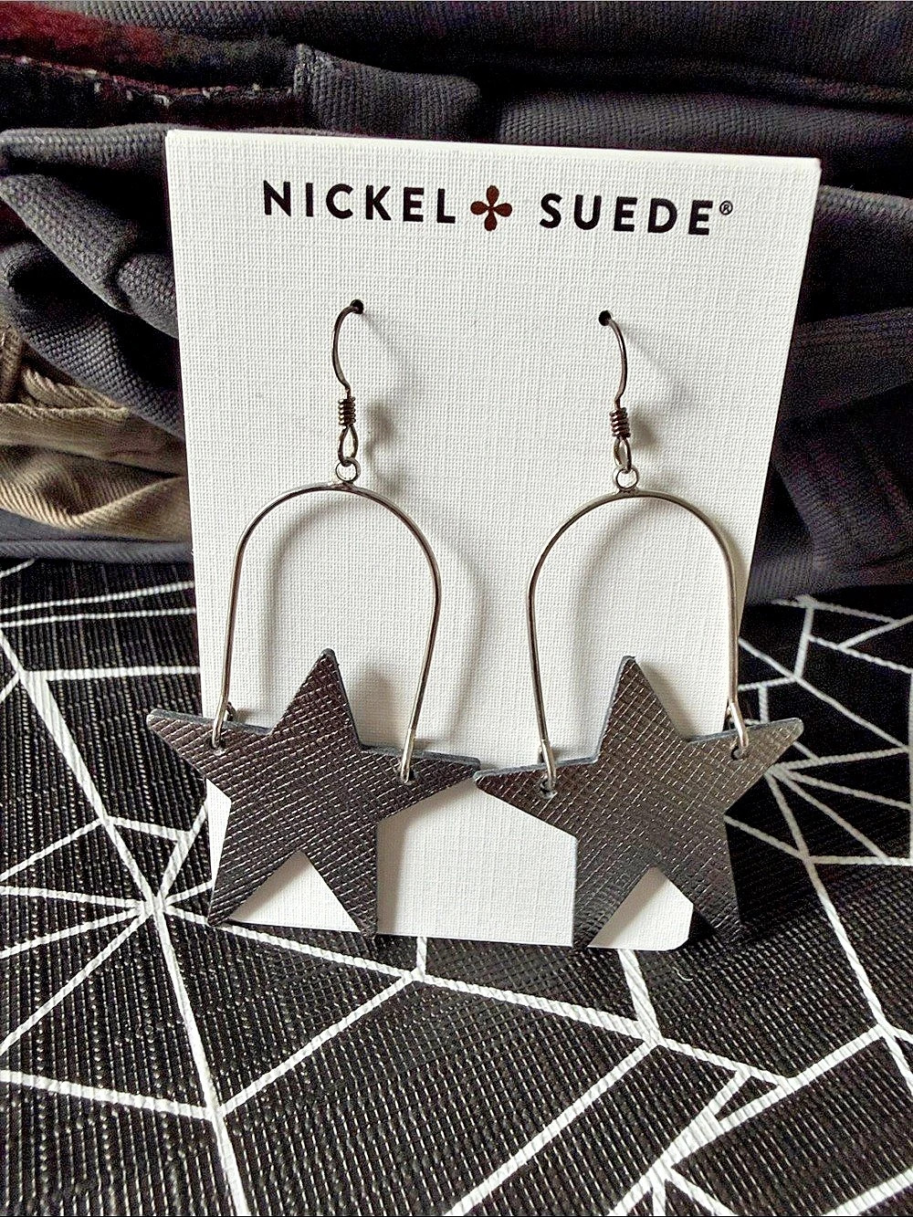 Nickel & Suede Gunnmetal Star Hoop Leather Earrings Star Hoop Leather Earrings